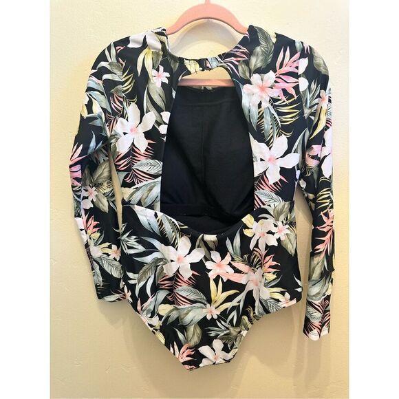 Kona Sol Black and White Tropical Print Long Sleeve Rash Guard One Piece - Picture 4 of 6